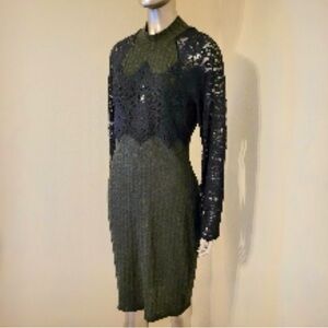 Venus black lace and olive green longsleeve embroidered sweater midi dress, XL.